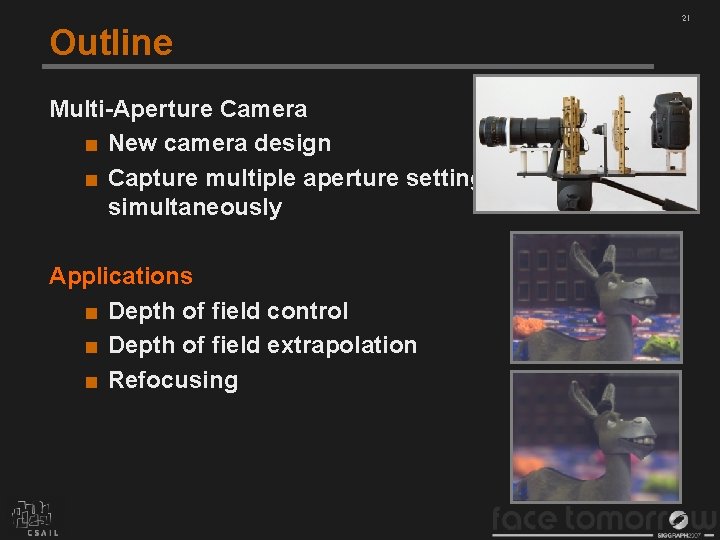 Outline Multi-Aperture Camera ■ New camera design ■ Capture multiple aperture settings simultaneously Applications