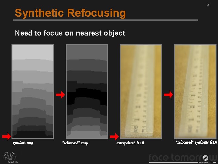 Synthetic Refocusing 28 Need to focus on nearest object gradient map “refocused” map extrapolated
