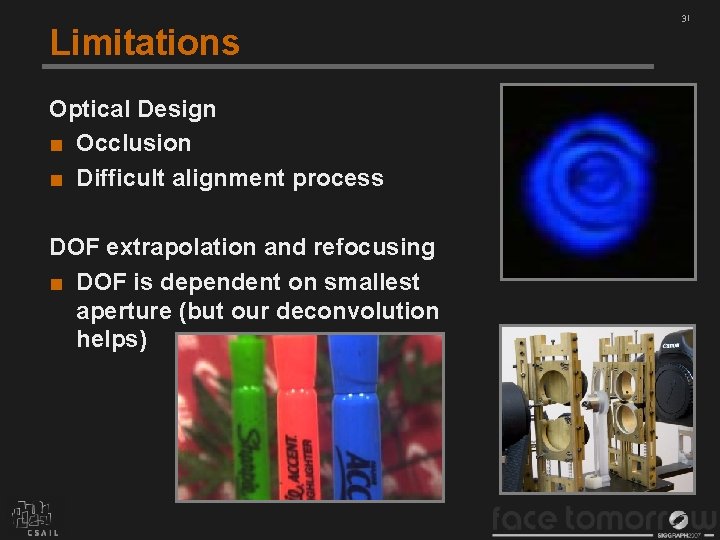 Limitations Optical Design ■ Occlusion ■ Difficult alignment process DOF extrapolation and refocusing ■