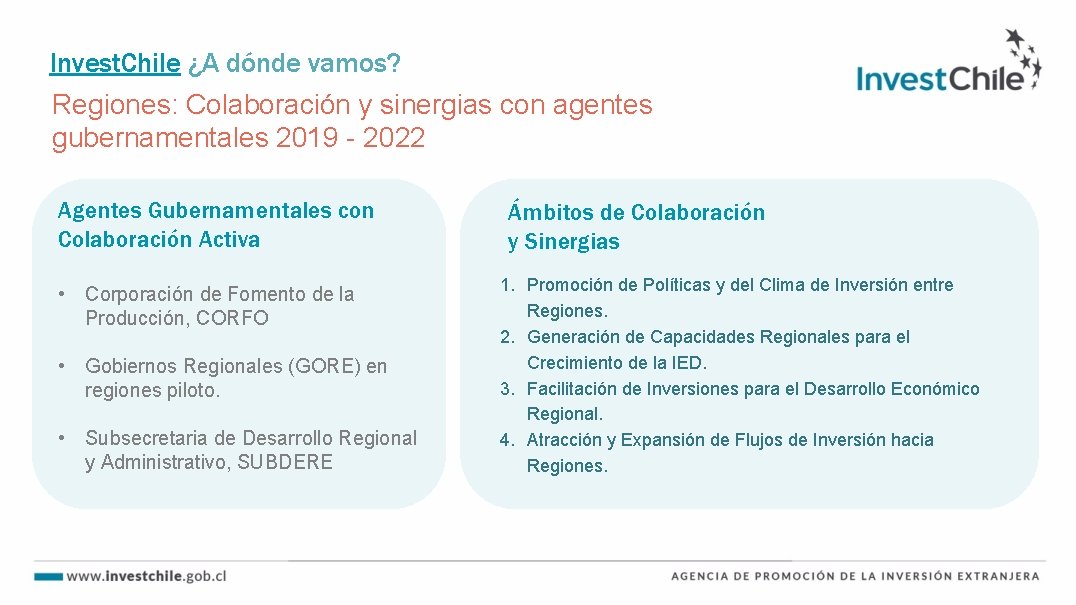 Invest. Chile ¿A dónde vamos? Regiones: Colaboración y sinergias con agentes gubernamentales 2019 -