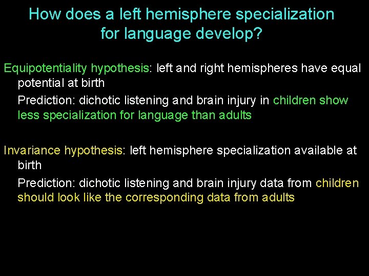 How does a left hemisphere specialization for language develop? Equipotentiality hypothesis: left and right