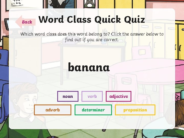 Back Word Class Quick Quiz Which word class does this word belong to? Click