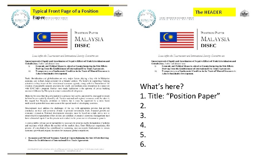 Typical Front Page of a Position Paper The HEADER What’s here? 1. Title: “Position