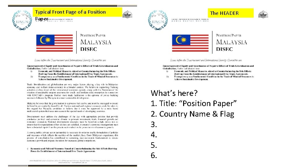 Typical Front Page of a Position Paper The HEADER What’s here? 1. Title: “Position