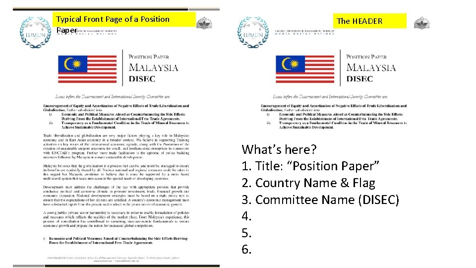 Typical Front Page of a Position Paper The HEADER What’s here? 1. Title: “Position