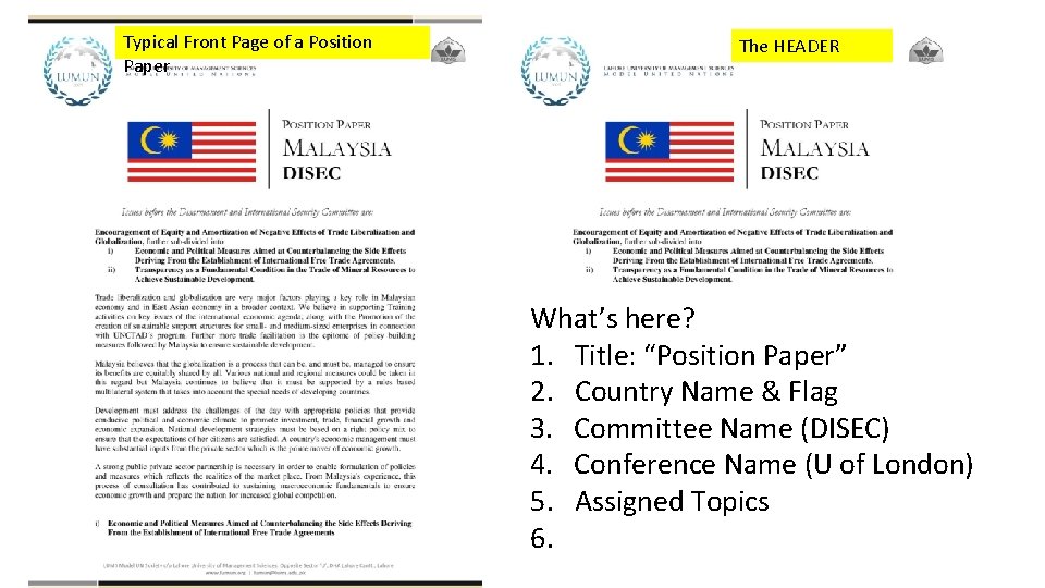 Typical Front Page of a Position Paper The HEADER What’s here? 1. Title: “Position