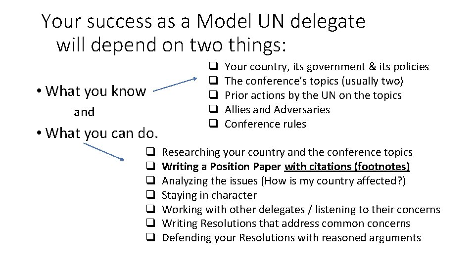 Your success as a Model UN delegate will depend on two things: • What