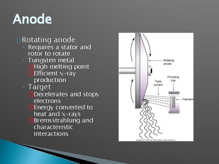 Anode � Rotating anode ◦ Requires a stator and rotor to rotate ◦ Tungsten