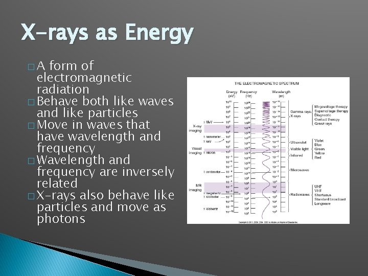 X-rays as Energy �A form of electromagnetic radiation � Behave both like waves and