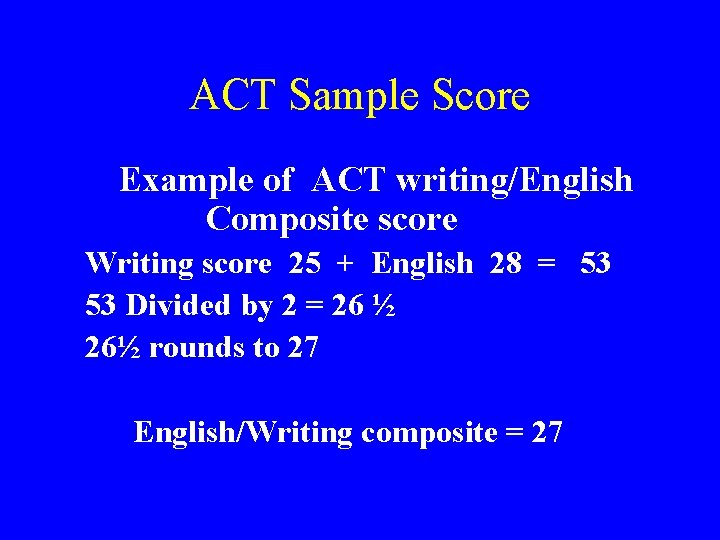 ACT Sample Score Example of ACT writing/English Composite score Writing score 25 + English ACT Sample Score Example of ACT writing/English Composite score Writing score 25 + English