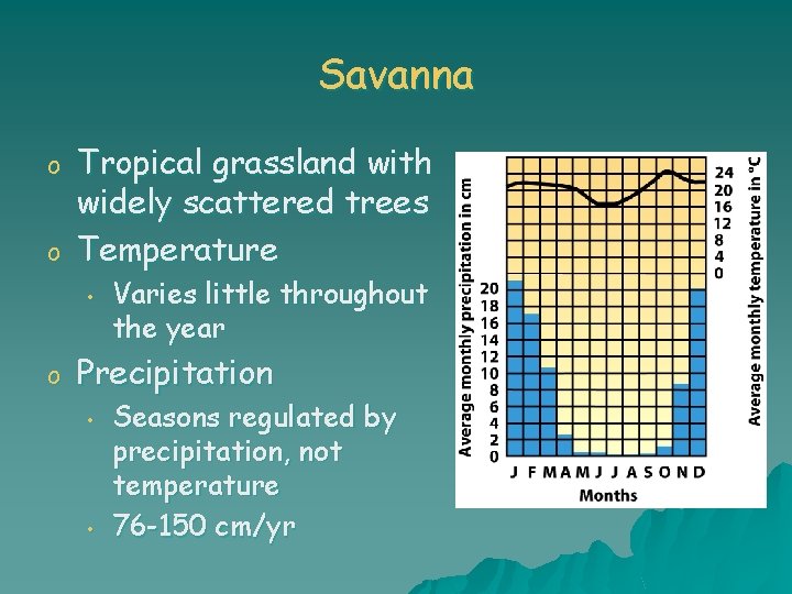 Savanna o o Tropical grassland with widely scattered trees Temperature • o Varies little