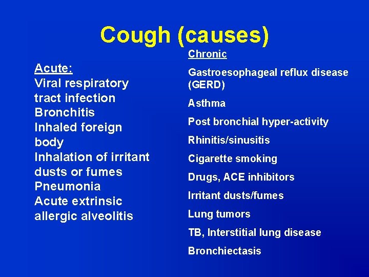 Cough (causes) Chronic Acute: Viral respiratory tract infection Bronchitis Inhaled foreign body Inhalation of