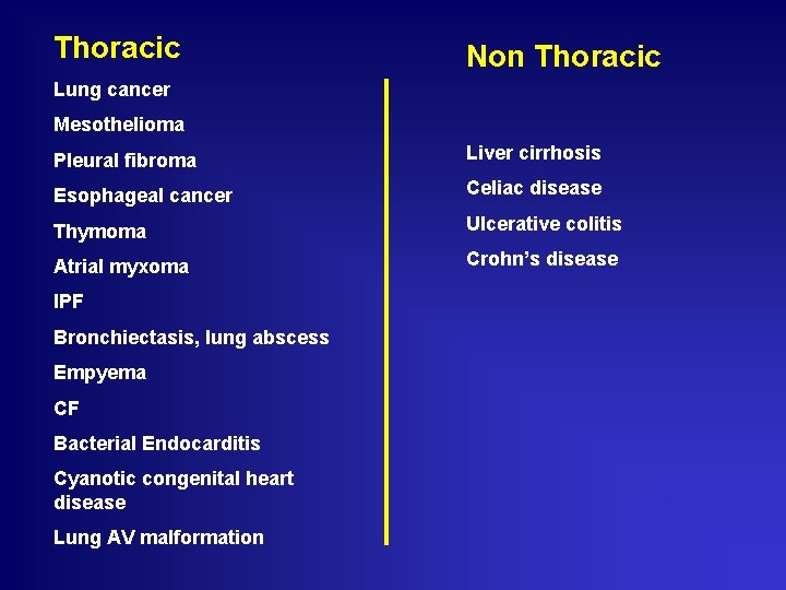 Thoracic Non Thoracic Lung cancer Mesothelioma Pleural fibroma Liver cirrhosis Esophageal cancer Celiac disease