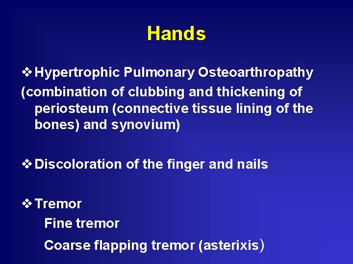 Hands v Hypertrophic Pulmonary Osteoarthropathy (combination of clubbing and thickening of periosteum (connective tissue