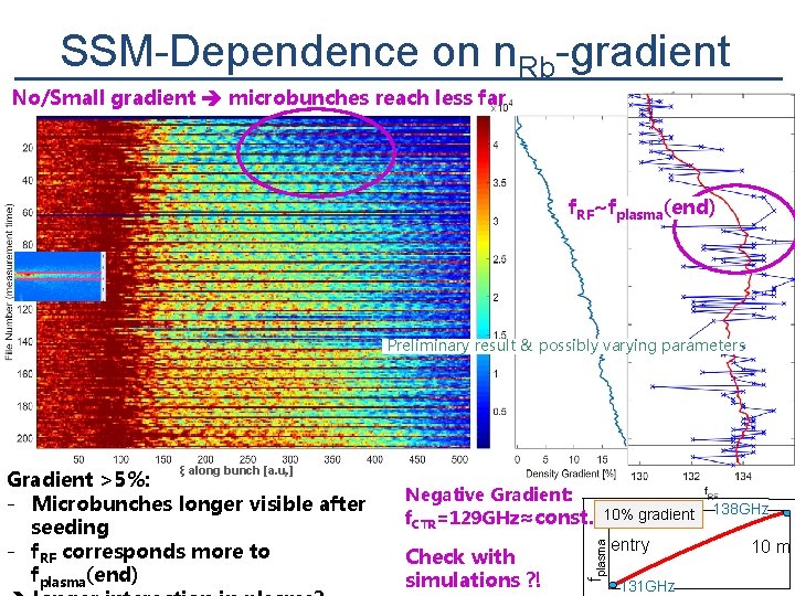 SSM-Dependence on n. Rb-gradient No/Small gradient microbunches reach less far f. RF~fplasma(end) Preliminary result