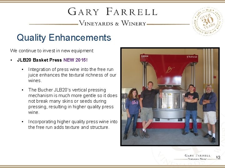 Quality Enhancements We continue to invest in new equipment: • JLB 20 Basket Press
