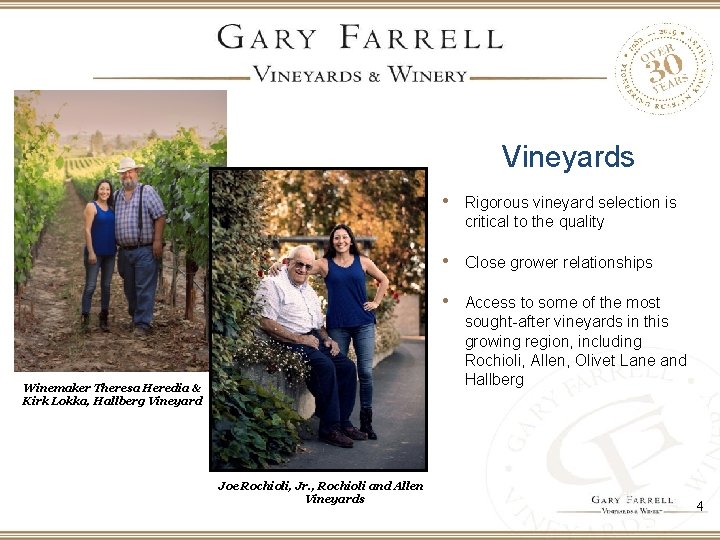 Vineyards Winemaker Theresa Heredia & Kirk Lokka, Hallberg Vineyard Joe Rochioli, Jr. , Rochioli