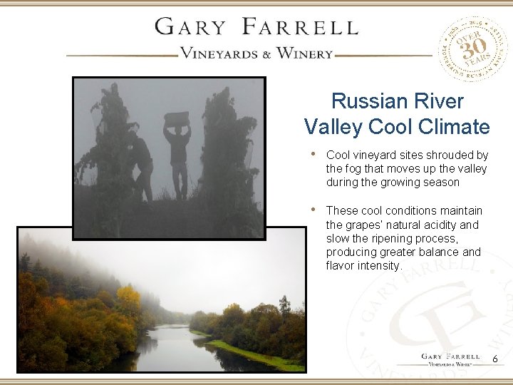 Russian River Valley Cool Climate • Cool vineyard sites shrouded by the fog that