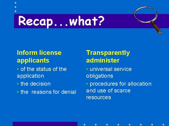 Recap. . . what? Inform license applicants Transparently administer • of the status of