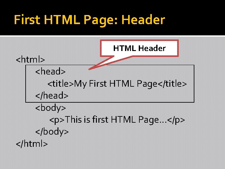 First HTML Page: Header HTML Header <html> <head> <title>My First HTML Page</title> </head> <body>