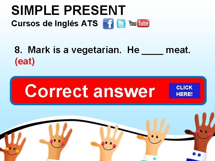 SIMPLE PRESENT Cursos de Inglés ATS 8. Mark is a vegetarian. He ____ meat.