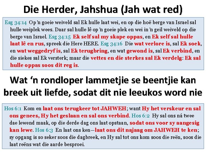 Die Herder, Jahshua (Jah wat red) Esg 34: 14 Op ŉ goeie weiveld sal