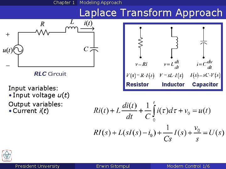 Chapter 1 Modeling Approach Laplace Transform Approach RLC Circuit Input variables: • Input voltage