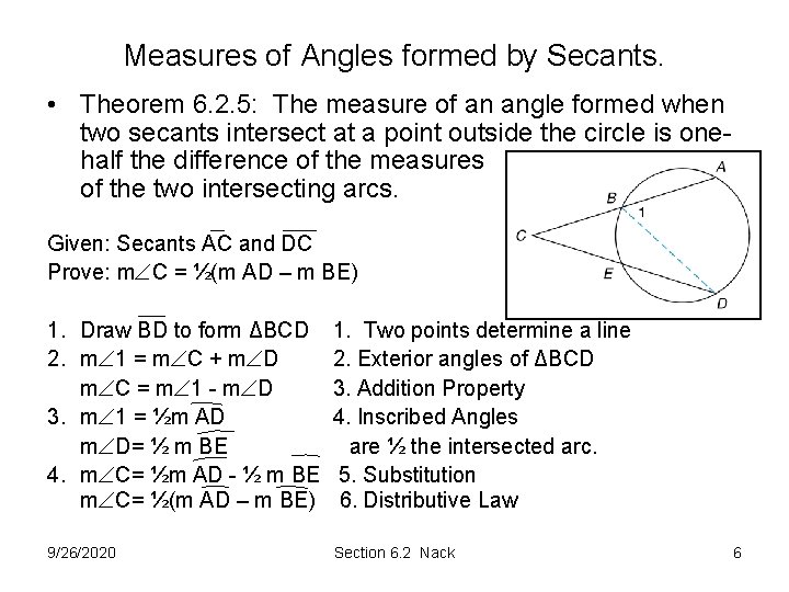Measures of Angles formed by Secants. • Theorem 6. 2. 5: The measure of