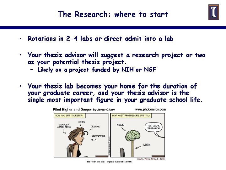 The Research: where to start • Rotations in 2 -4 labs or direct admit