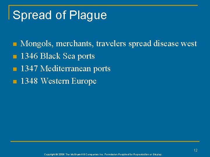 Spread of Plague n n Mongols, merchants, travelers spread disease west 1346 Black Sea