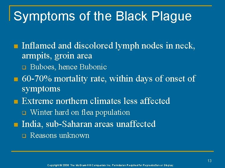 Symptoms of the Black Plague n Inflamed and discolored lymph nodes in neck, armpits,