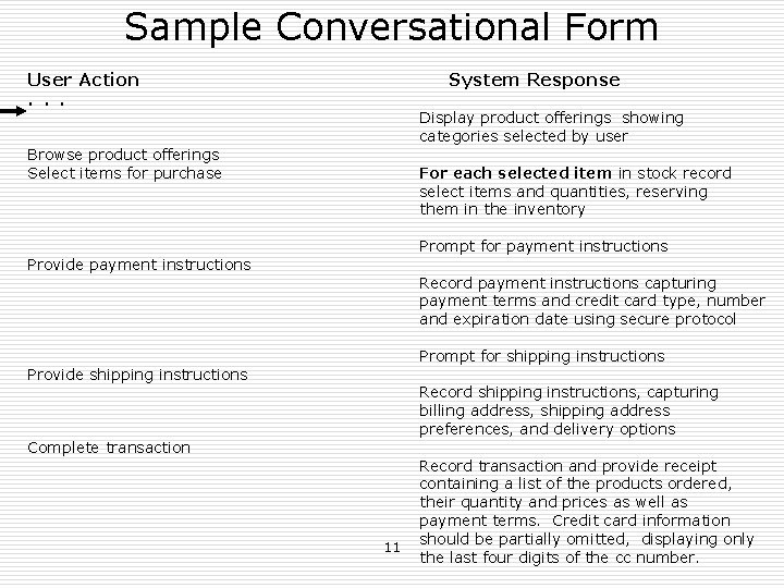 Sample Conversational Form User Action System Response . . . Display product offerings showing Sample Conversational Form User Action System Response . . . Display product offerings showing