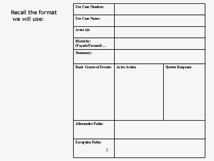 Use Case Number: Recall the format we will use: Use Case Name: Actor (s): Use Case Number: Recall the format we will use: Use Case Name: Actor (s):