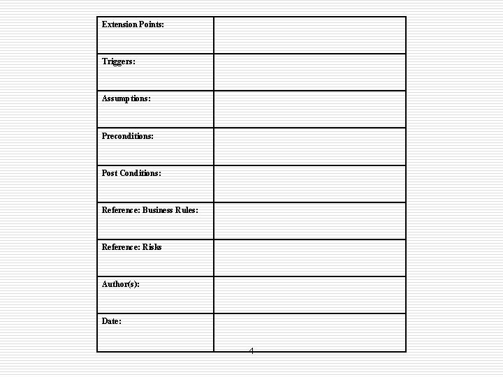 Extension Points: Triggers: Assumptions: Preconditions: Post Conditions: Reference: Business Rules: Reference: Risks Author(s): Date: Extension Points: Triggers: Assumptions: Preconditions: Post Conditions: Reference: Business Rules: Reference: Risks Author(s): Date: