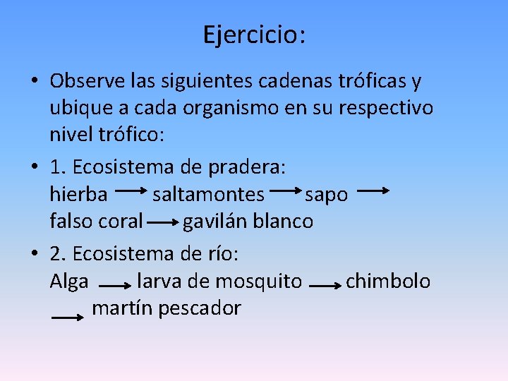 Ejercicio: • Observe las siguientes cadenas tróficas y ubique a cada organismo en su