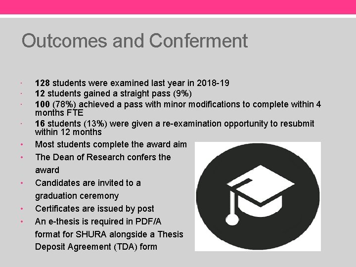 Outcomes and Conferment 128 students were examined last year in 2018 -19 12 students