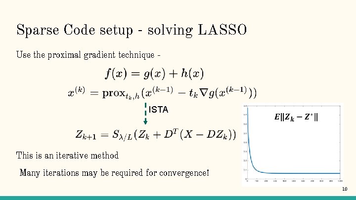Sparse Code setup - solving LASSO Use the proximal gradient technique - ISTA This