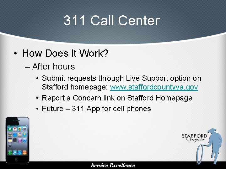 311 Call Center • How Does It Work? – After hours • Submit requests