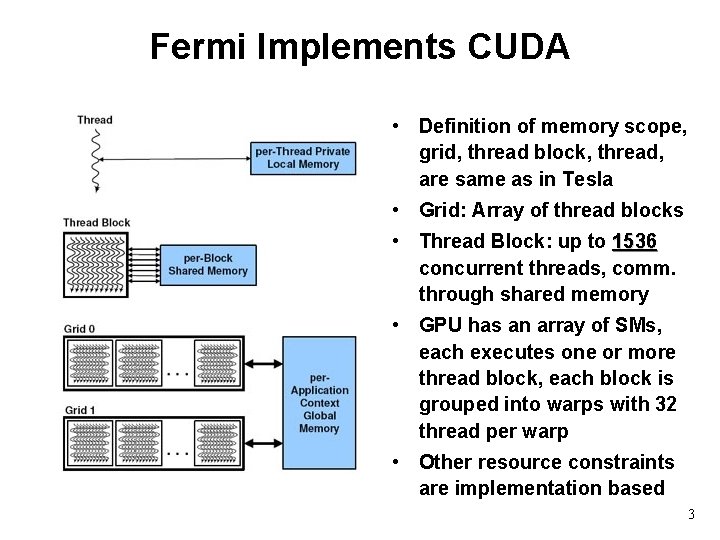 Fermi Implements CUDA • Definition of memory scope, grid, thread block, thread, are same