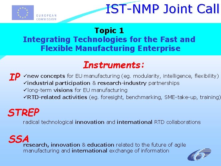 IST-NMP Joint Call Topic 1 Integrating Technologies for the Fast and Flexible Manufacturing Enterprise