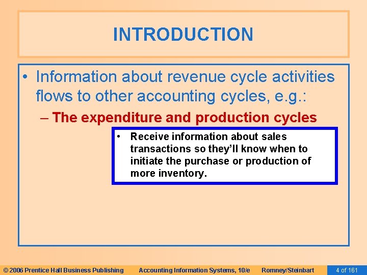INTRODUCTION • Information about revenue cycle activities flows to other accounting cycles, e. g.