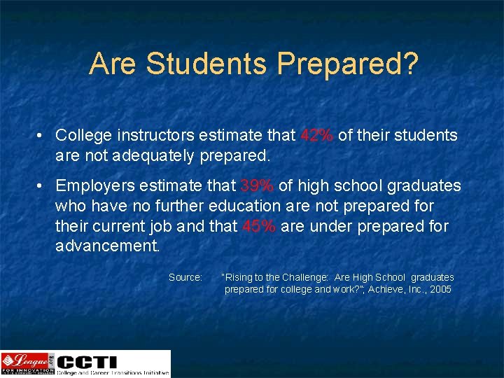 Are Students Prepared? • College instructors estimate that 42% of their students are not