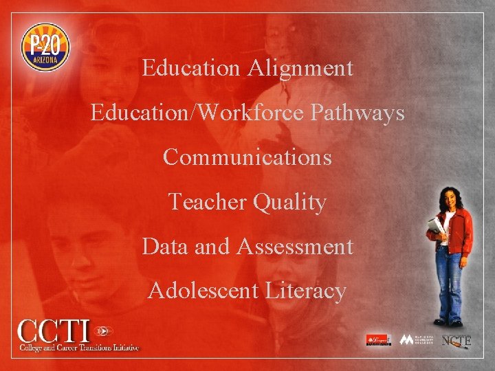 Education Alignment Education/Workforce Pathways Communications Teacher Quality Data and Assessment Adolescent Literacy 