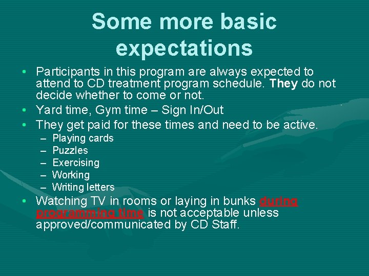 Some more basic expectations • Participants in this program are always expected to attend