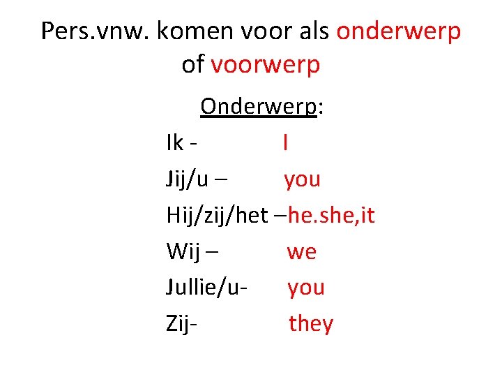 Pers. vnw. komen voor als onderwerp of voorwerp Onderwerp: Ik I Jij/u – you