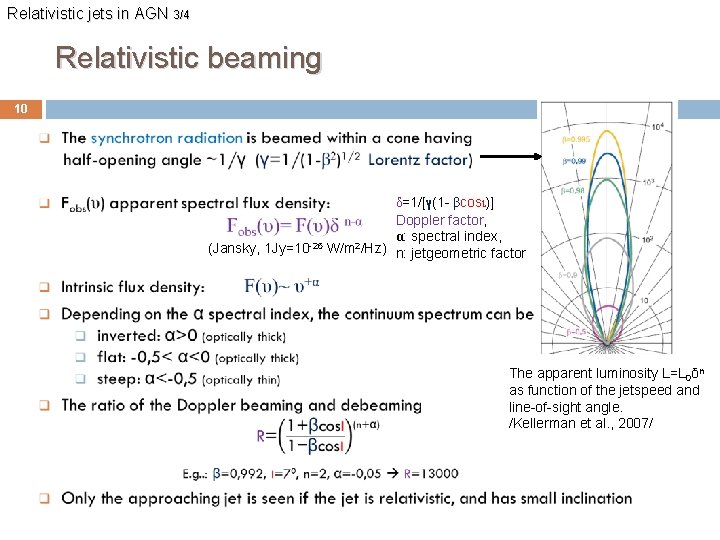 Relativistic jets in AGN 3/4 Relativistic beaming 10 δ=1/[γ(1 - βcosι)] Doppler factor, α: