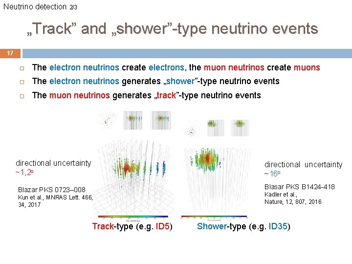 Neutrino detection 2/3 „Track” and „shower”-type neutrino events 17 The electron neutrinos create electrons,