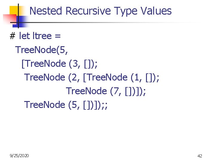 Nested Recursive Type Values # let ltree = Tree. Node(5, [Tree. Node (3, []);