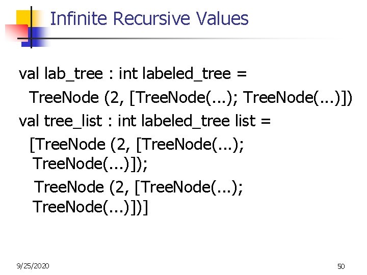 Infinite Recursive Values val lab_tree : int labeled_tree = Tree. Node (2, [Tree. Node(.