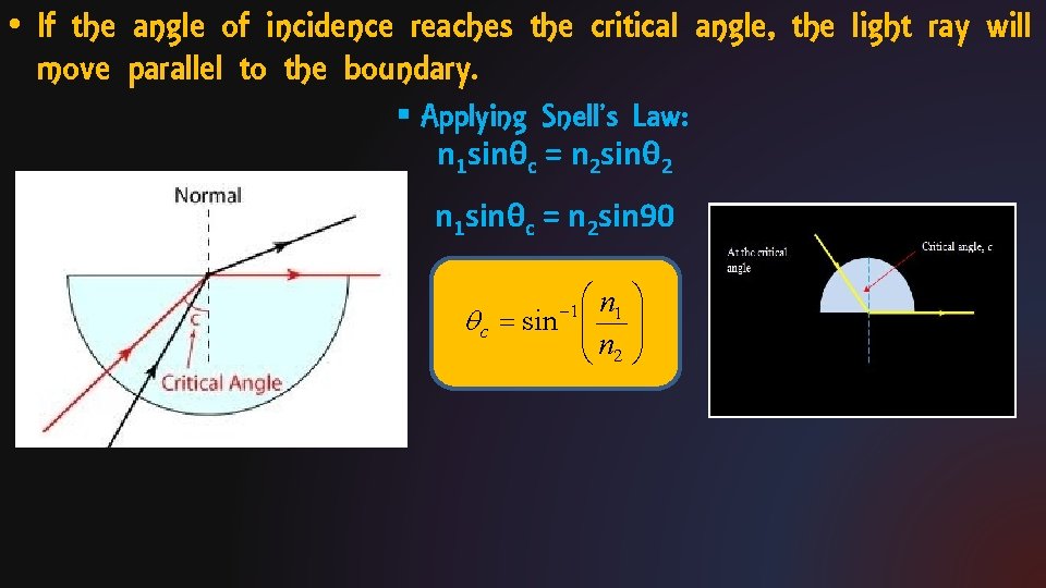  • If the angle of incidence reaches the critical angle, the light ray